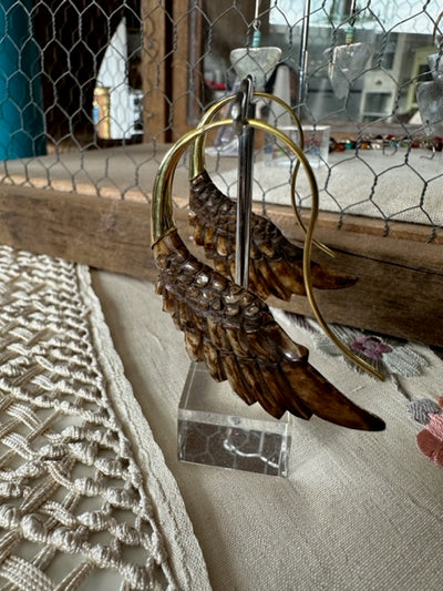 Hand Carved Shell & Brass Wing Earrings - Abalone Dark