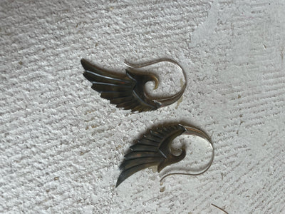Hand Carved Shell & Sterling Silver Wing Earrings - Abalone Dark